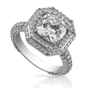 4.25 CT MOISSANITE CUSHION FOREVER ONE GHI HALO PAVE RING