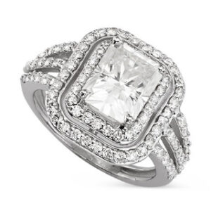 5.00 CT RADIANT MOISSANITE FOREVER ONE GHI DOUBLE HALO ENGAGEMENT RING