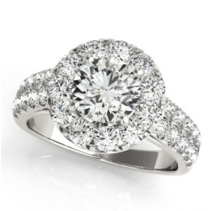2.55 CT FOREVER ONE MOISSANITE WHITE GOLD ROUND MICRO PAVE HALO ENGAGEMENT RING