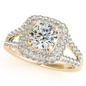 2.10 CT FOREVER ONE MOISSANITE YELLOW GOLD ROUND MICRO PAVE HALO ENGAGEMENT RING