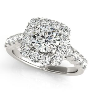 2.15 CT FOREVER ONE MOISSANITE WHITE GOLD ROUND MICRO PAVE HALO ENGAGEMENT RING