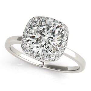 2.15 CT FOREVER ONE MOISSANITE WHITE GOLD CUSHION MICRO PAVE HALO ENGAGEMENT RING