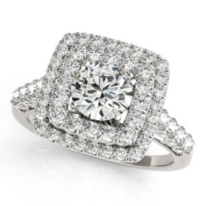 2.10 CT FOREVER ONE MOISSANITE WHITE GOLD ROUND MICRO PAVE DOUBLE HALO ENGAGEMENT RING