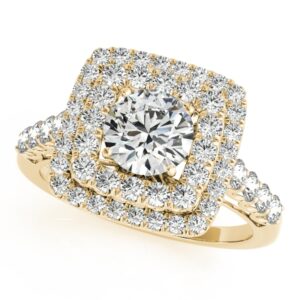 2.10 CT FOREVER ONE MOISSANITE YELLOW GOLD ROUND MICRO PAVE DOUBLE HALO ENGAGEMENT RING