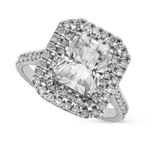 3.84 CT RADIANT MOISSANITE FOREVER ONE GHI DOUBLE HALO ENGAGEMENT RING