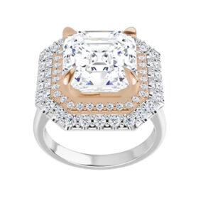 1.70 Ct MOISSANITE ASSCHER FOREVER ONE HALO MICRO PAVE 2 TONE ENGAGEMENT RING