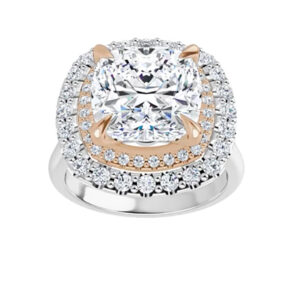 1.50 Ct MOISSANITE CUSHION FOREVER ONE HALO MICRO PAVE 2 TONE ENGAGEMENT RING