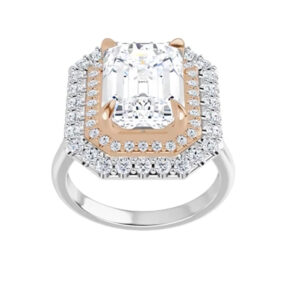 2.15 Ct MOISSANITE EMERALD FOREVER ONE HALO MICRO PAVE 2 TONE ENGAGEMENT RING